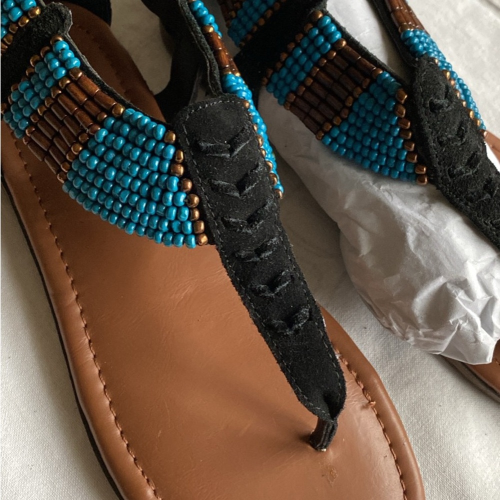 Minnetonka Blue Beaded Sandals with Black and Brown